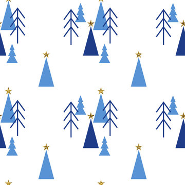 Winter scandinavian seamless pattern with simple blue christmas trees and golden stars on white background