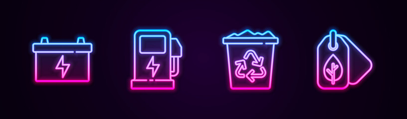 Set line Car battery, Electric car charging station, Recycle bin with recycle and Tag leaf. Glowing neon icon. Vector.