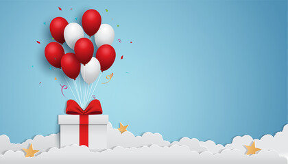 Gift boxes floating with balloons in the sky.