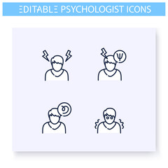 Psychological problems line icons set. Stress, disorientation, panic attack and more. Psychotherapy. Mental health care and treatment concept.Isolated vector illustrations. Editable stroke