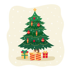 Christmas tree with gift boxes. Christmas card. Vector