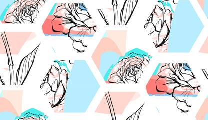 Hand drawn vector abstract artistic textured hexagon shapes collage seamless pattern with graphic may flowers in pastel colors. Unusual decoration isolated on white background.