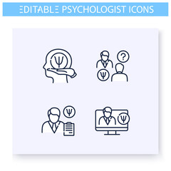 Psychological consultation line icons set. Online psychiatrist, session, help and more. Psychotherapy. Mental health care and treatment concept.Isolated vector illustrations. Editable stroke