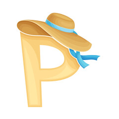 Bright Alphabet Letter P with Wide Brimmed Summer Hat Vector Illustration