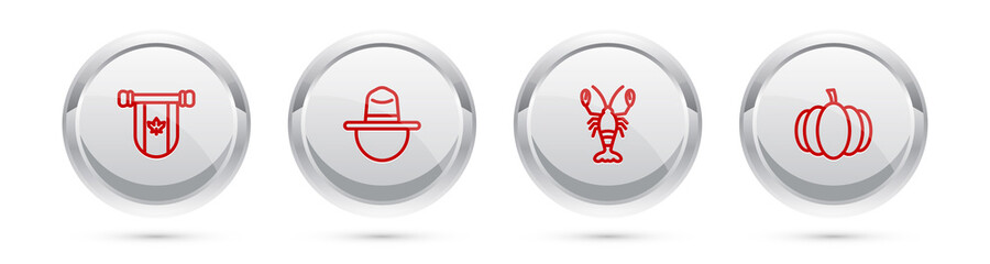 Set line Pennant Canada, Canadian ranger hat, Lobster and Pumpkin. Silver circle button. Vector.