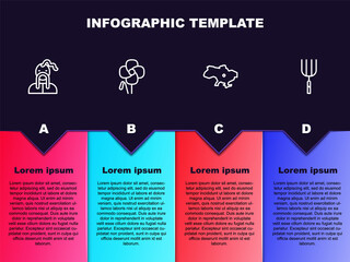Set line Ukrainian cossack, Poppy flower, Map of Ukraine and Garden pitchfork. Business infographic template. Vector.