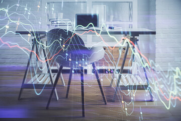 Multi exposure of financial graph drawing and office interior background. Concept of market analysis.