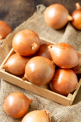 Onions in the basket. Onions in a wicker basket on a wooden table. Onion plant closeup	