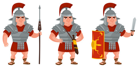 Roman warrior in different poses. Male character in cartoon style.