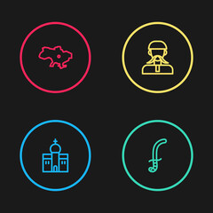 Set line Church building, Medieval sword, Ukrainian cossack and Map of Ukraine icon. Vector.