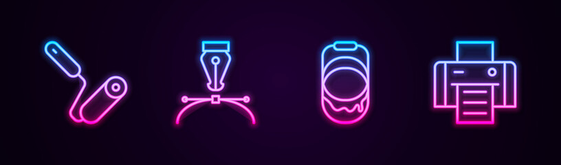 Set line Paint roller brush, Fountain pen nib, bucket and Printer. Glowing neon icon. Vector.