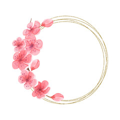 Watercolor gold frame with cherry blossoms on a white background, hand drawn, sakura, spring decor. For textiles, packaging, wedding design, invitations, greetings.