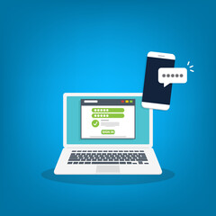 Successful web browser Login page on Laptop Screen with password form and smartphone password confirmation . Security, personal access, user authorization.
