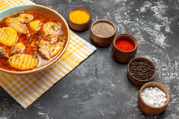Spices set and tomato chicken soup on dark background