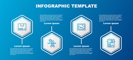 Set line Carton cardboard box, Paper roll of printing press, Picture landscape and Copy machine. Business infographic template. Vector.