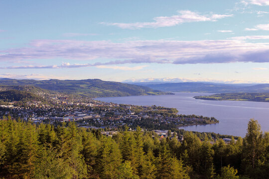 the town of gj&oslash;vik by lake mj&oslash;sa