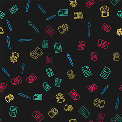 Set line Paint brush, Document with graph chart, Carton cardboard box and File document on seamless pattern. Vector.