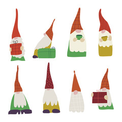 Set of cute little gnomes. Christmas concept. Hand drawn vector illustration on white background. 