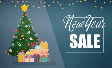 New Years sale blue banner. Heap of large colorful wrapped gift boxes with ribbon bows lying under the tree. Baner for New Year's sales and discounts.