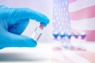USA Vaccination, Coronavirus, USA flag, Vaccine vial dose, needle syringe, concept vaccination