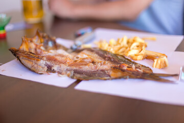 appetizer for beer, smoked fish and cheese on the table
