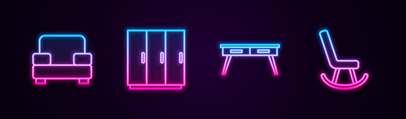 Set line Armchair, Wardrobe, Office desk and . Glowing neon icon. Vector.