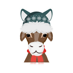 A bull in a warm winter hat. Deer in a green hat with a vintage pattern. Suitable for the design of postcards and books. Vector illustration. Flat style.