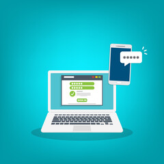 Successful web browser Login page on Laptop Screen with password form and smartphone password confirmation . Security, personal access, user authorization.