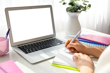 Young woman working on modern laptop in office
