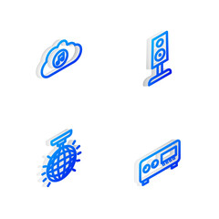 Set Isometric line Stereo speaker, Music streaming service, Disco ball and Guitar amplifier icon. Vector.