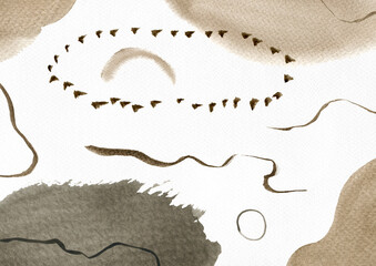 Watercolor abstract hand drawn illustration with sepia and sandy and gray textured shapes, lines and dots. Sepia and sandy and gray picture, landscape orientation.