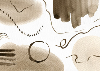 Watercolor abstract hand drawn illustration with sepia and sandy textured shapes, lines, strokes and dots. Sepia and umbra picture, landscape orientation.