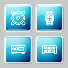 Set line Stereo speaker, Microphone, Guitar amplifier and Music synthesizer icon. Vector.