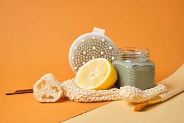 eco friendly bathroom accessories on brown background