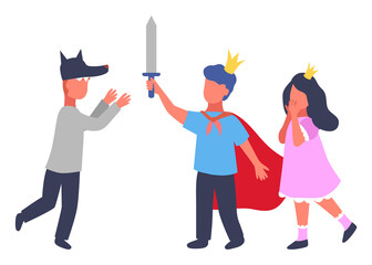 Isolated faceless children playing costume game. Angry wolf in mask scared little princess. Prince protect girl with sword. Children boys and girl playing together. Isolated portraits of kids