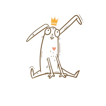 Vector card with cute cartoon bunny in crown. Cheerful rabbiti. Funny hare print. Anthropomorphic character for desing.