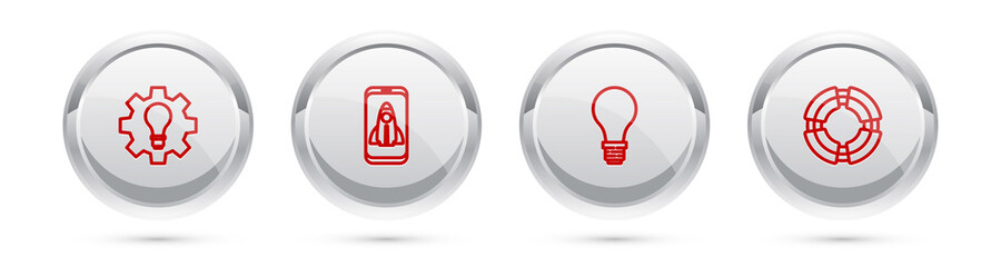 Set line Light bulb and gear, Startup project concept, with of idea and Business lifebuoy. Silver circle button. Vector.