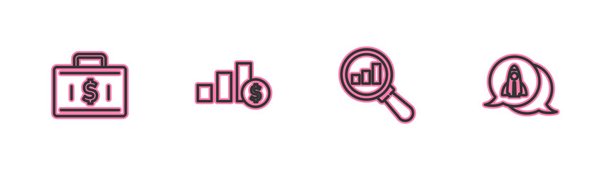 Set line Briefcase and money, Magnifying glass analysis, Pie chart dollar and Startup project concept icon. Vector.