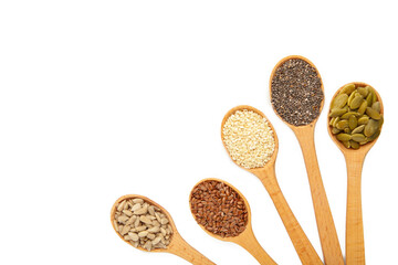 Healthy superfood: sesame, pumpkin seeds, sunflower seeds, flax seeds and chia isolated on white....