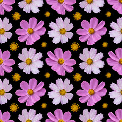 Colorful floral seamless pattern with cosmos flowers collage on black background. Stock illustration.