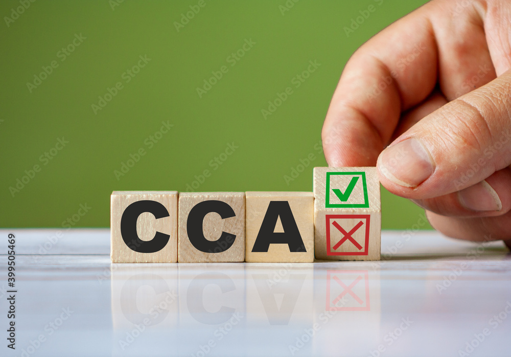 Poster the hand turn wooden block with red reject x and green confirm tick as change concept of cca. word c