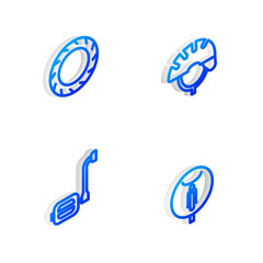 Set Isometric line Bicycle helmet, wheel tire, pedal and icon. Vector.