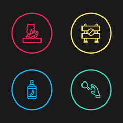 Set line Pepper spray, Hooligan shooting stones, Road barrier and Burning car icon. Vector.