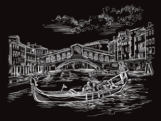 Venice hand drawing vector illustration Rialto Bridge black