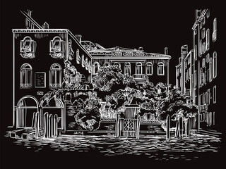 Venice cityscape drawing vector illustration canal and house black