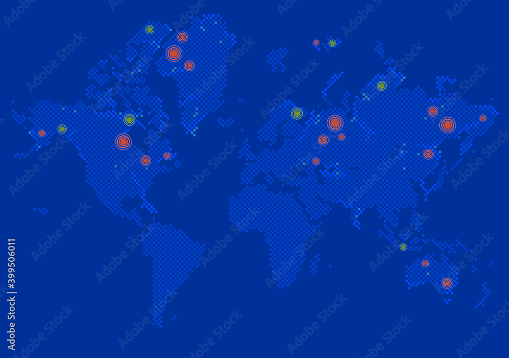Poster detailed vector world map of blue colors on dark background. town marks and national borders are in 