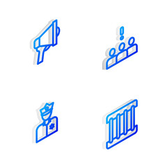 Set Isometric line Crowd protest, Megaphone, Police officer and Prison window icon. Vector.