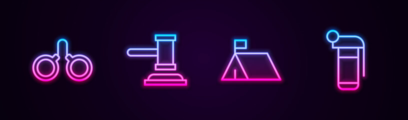 Set line Handcuffs, Judge gavel, Protest camp and grenade. Glowing neon icon. Vector.