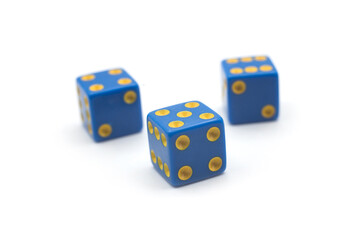 Closeup of blue roll dices on white background