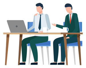 Conversation of people at office. Men working together in company as managers. Guy typing on laptop keyboard. Meeting of colleagues on business items. Vector illustration of workplace in flat style